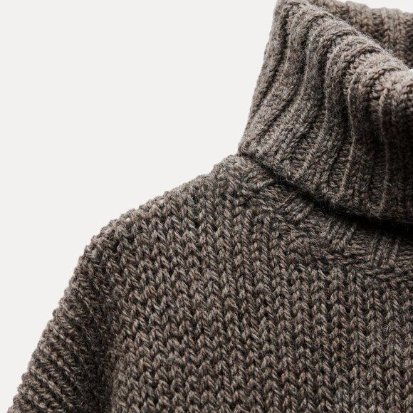 Women's Zara 100% Wool Turtle Neck Fringe Grey Taupe Midi Knit Dress Size XS-S - Picture 7 of 10